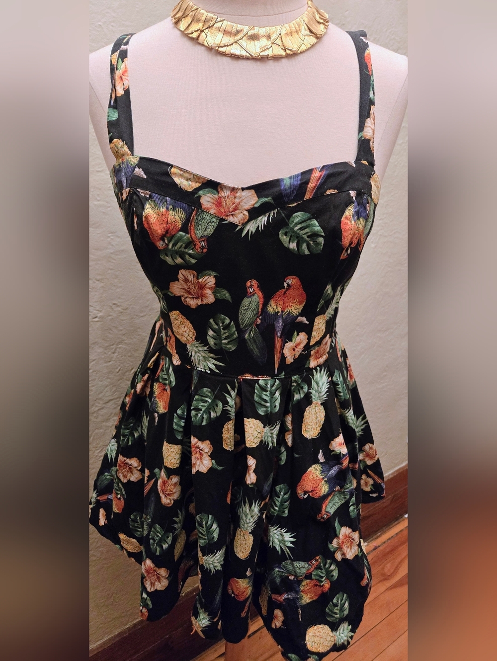 Hell Bunny Tropical Parrot Pineapple Dress Fit & Flare Mini Retro Pinup Sundress